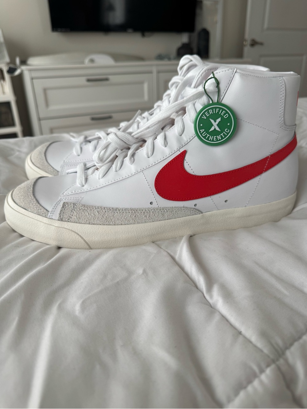 Nike White High-Top Sneakers with Red Swoosh and Gray Accents